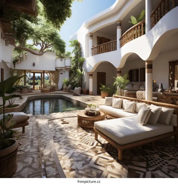 Courtyard with swimming pool and Moroccan style architecture
