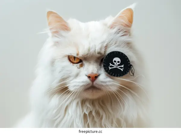 A white cat wearing an eye patch with a skull and crossbones on it