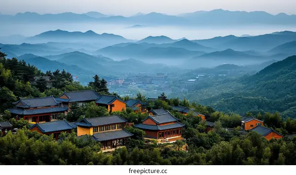 Mountain Village Panorama with Misty Blue Mountains