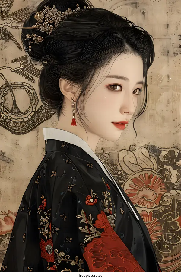 A digital painting of a young woman in a traditional Korean hanbok dress with red and gold floral patterns and a phoenix hairpin.