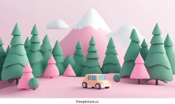 3D Cartoon Style Pink Mountain Forest Scene With Car