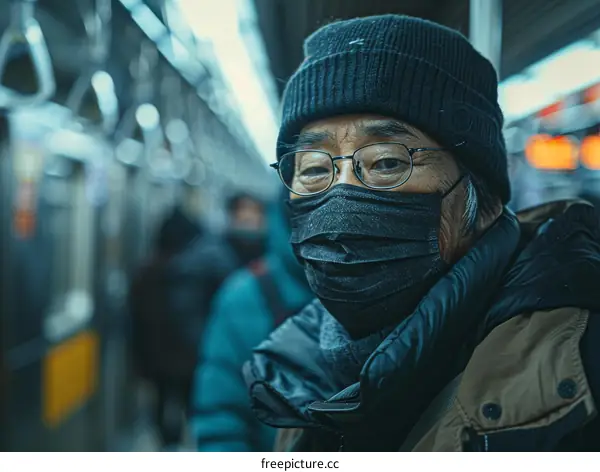 Portrait of a man wearing a mask on a train