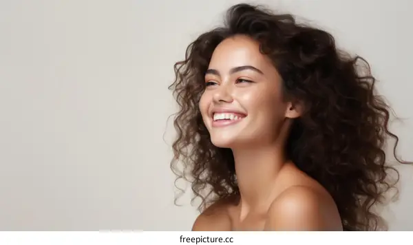 Portrait of a beautiful young woman with curly hair smiling
