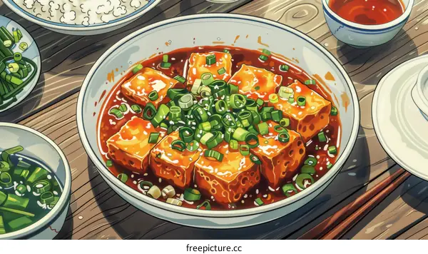 A bowl of Mapo Tofu with rice and tea