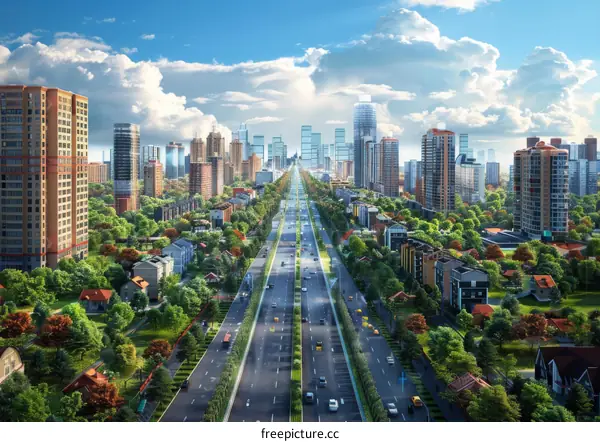 Modern Cityscape with Lush Green Spaces