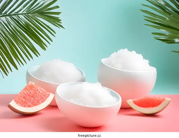 White Sugar in Bowls with Pink Grapefruit on Pink and Blue Background