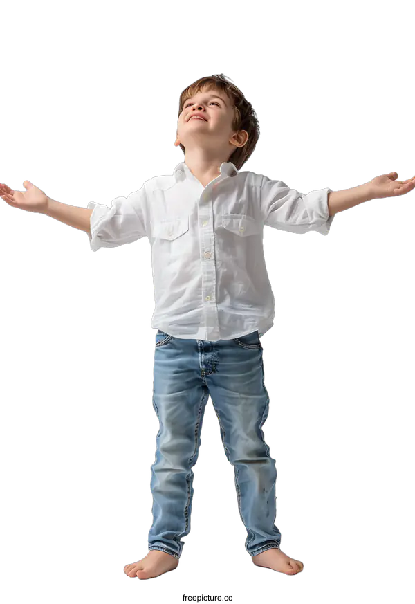 [Transparent Background PNG]Little Boy in White Shirt and Blue Jeans Stands with Arms Outstretched