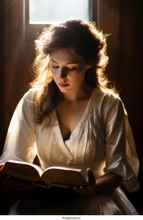 A young woman is reading a book in a dimly lit room
