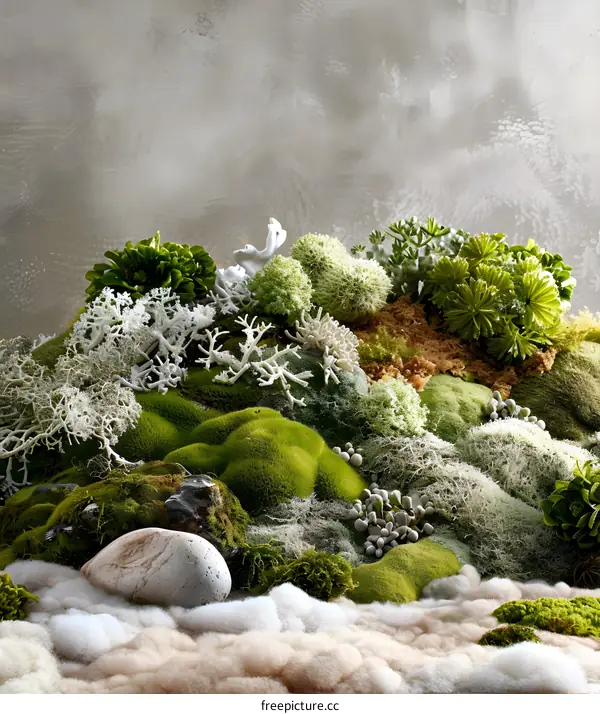 Green Mossy Landscape With Stones And White Moss
