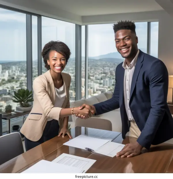 Two business people shaking hands in an office