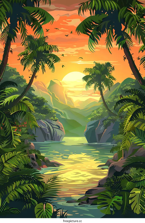 Tropical Sunset Landscape with Palm Trees and River