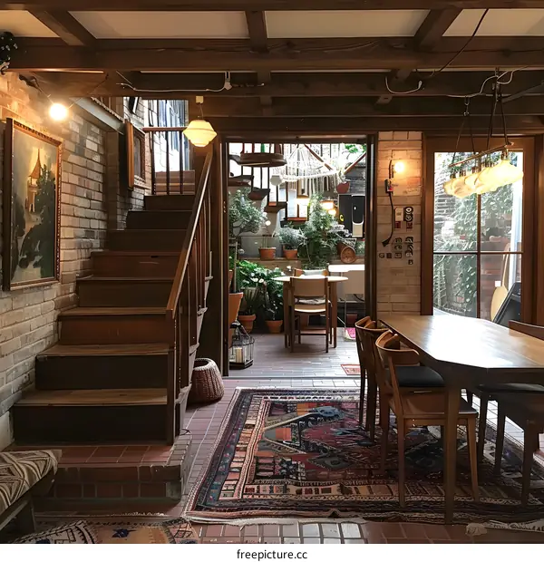 Vintage Home Interior with Staircase and Garden