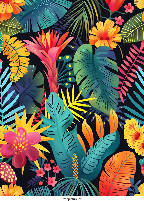 Tropical Leaves and Flowers Seamless Pattern