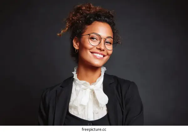 Confident young business woman with curly hair and glasses