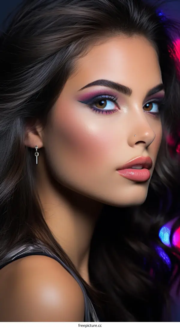 Portrait of a Young Brunette Woman with Dramatic Purple Makeup