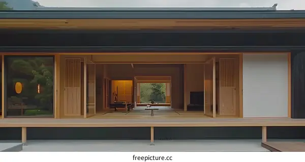 Modern Japanese Architecture Design Featuring Wooden Sliding Doors And A View Of The Garden