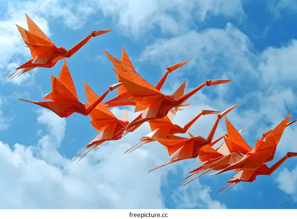 Orange Paper Cranes Flying in the Blue Sky