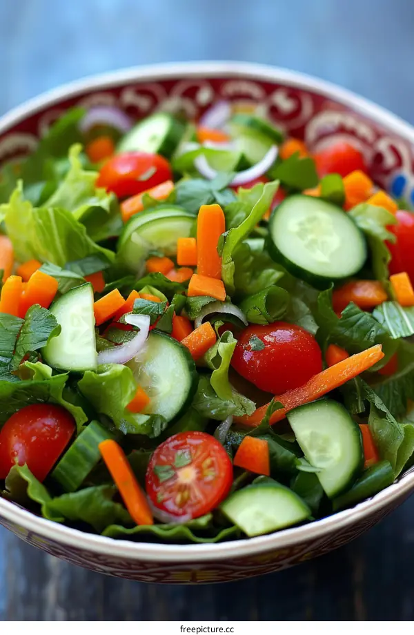 Refreshing and crunchy salad with lettuce, carrots, cucumbers and tomatoes