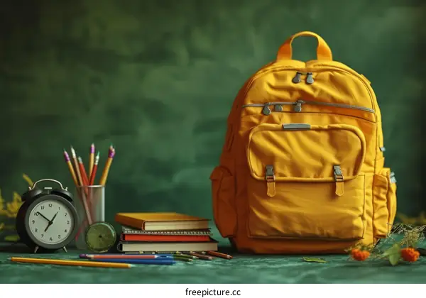 Yellow backpack with school supplies against a green background