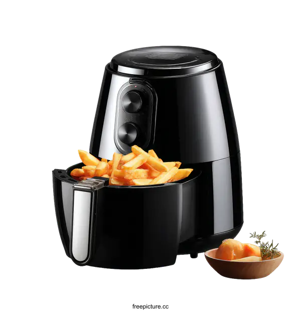 [Transparent Background PNG]Modern Black Air Fryer with French Fries