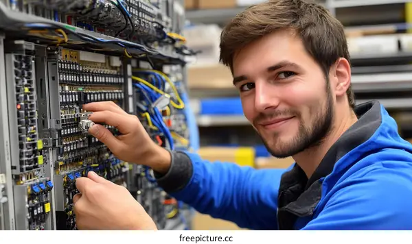 Young Caucasian Male Technician Working on Electronic Equipment