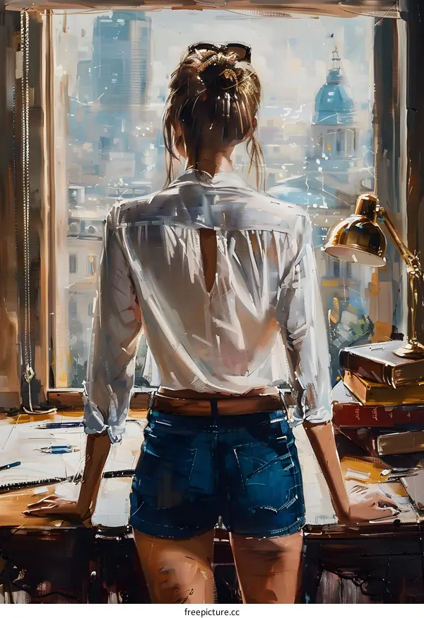 A woman standing in front of a window looking at the city