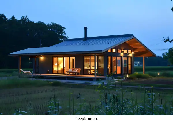 Modern House with Wooden Beams and Large Windows at Dusk