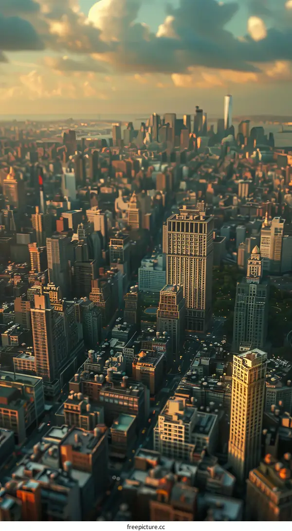 Aerial View of City Skyline With Buildings and Golden Sunset