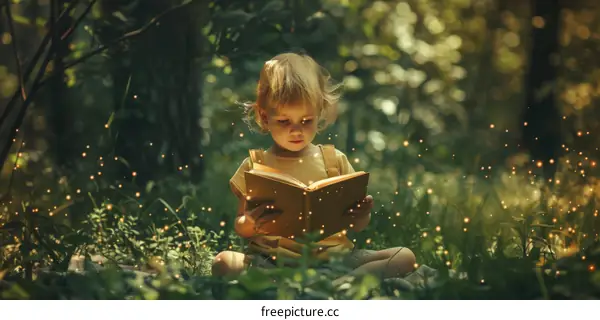 Little girl reading a book in the forest