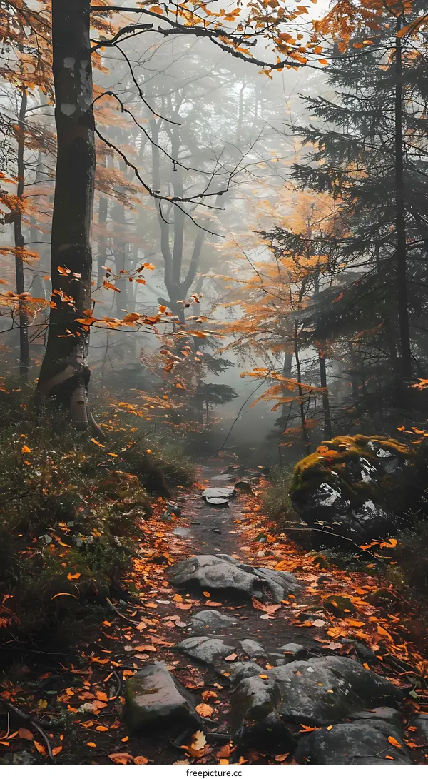 Misty Forest Path with Autumn Leaves