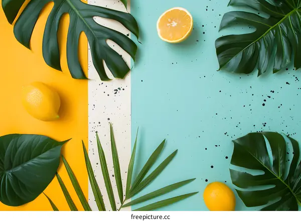 Tropical Fruit and Leaves on Colorful Background