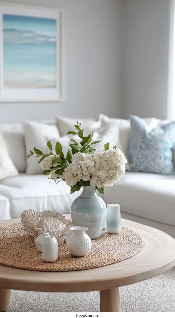Coastal Living Room Decor with Hydrangea