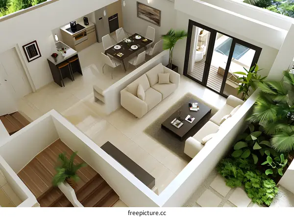 An illustration of a modern living room with a kitchen and a dining area