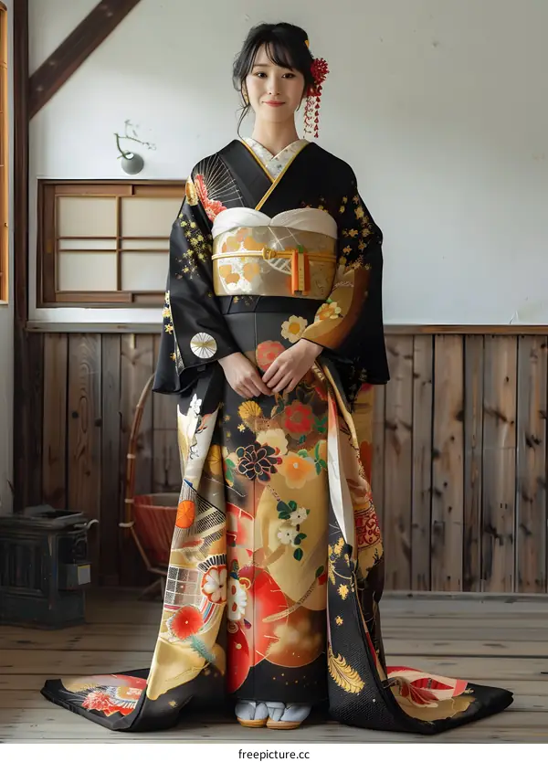 A woman wearing a black and gold kimono with a red obi