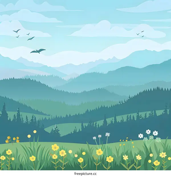 Scenic Mountain Range with Meadow and Birds