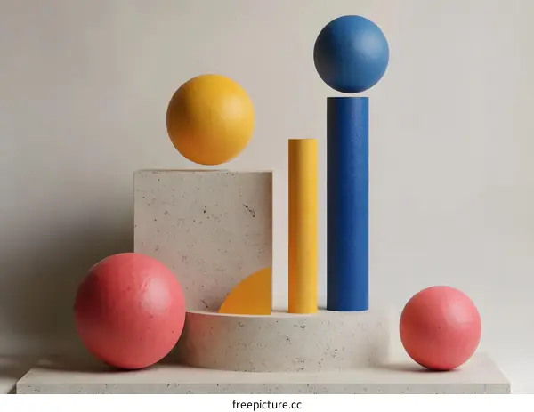 Abstract Minimalist  Geometric Shapes With Colorful Balls On White Background