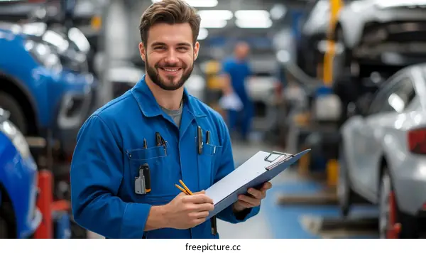 Automotive Mechanic Taking Notes in a Workshop