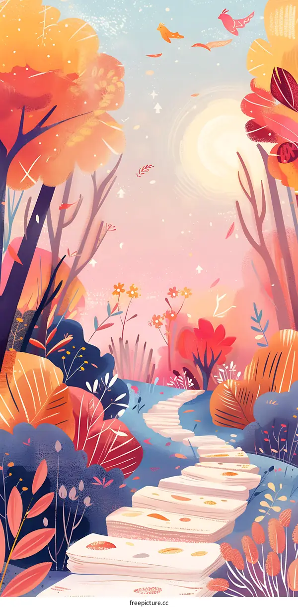 Autumn Forest Pathway with Sun and Birds Illustration