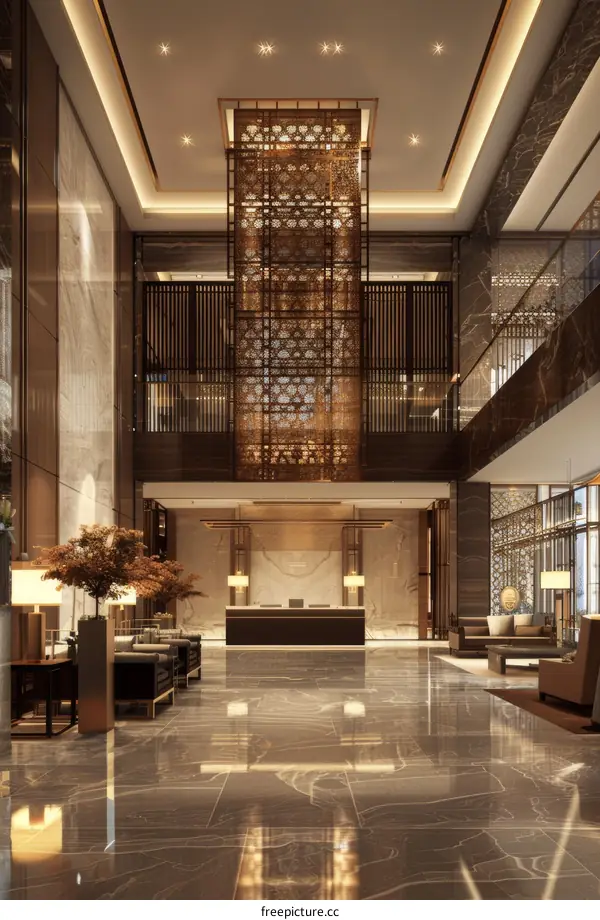 Modern Hotel Lobby Interior Design With Marble Floor And Decorative Wall