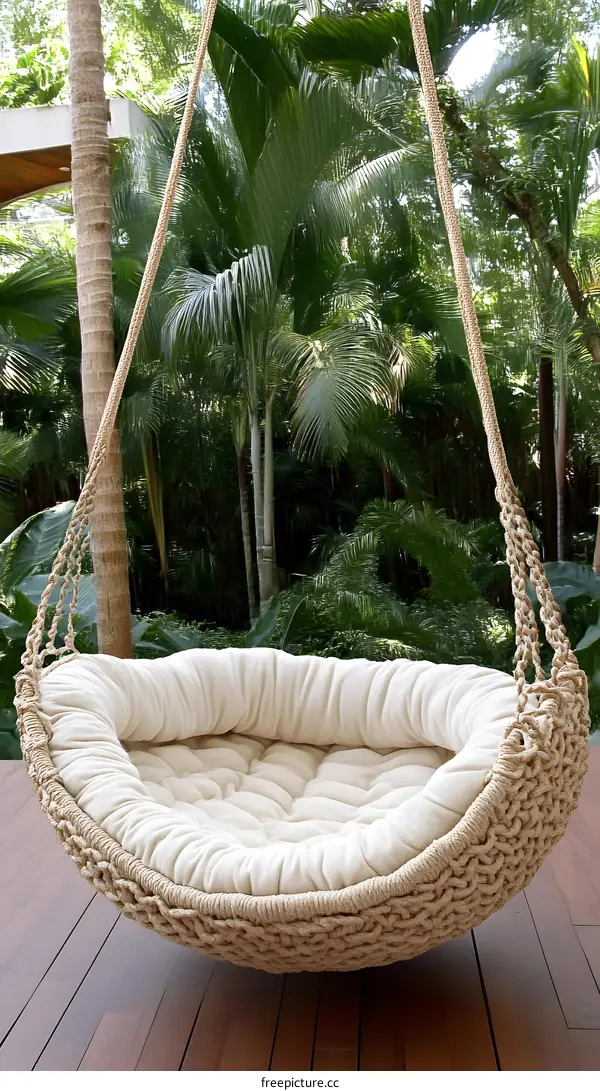 Handmade Rope Swing Hanging Chair in Backyard with Palm Trees