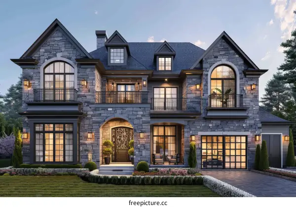 Luxury Stone and Siding Home at Dusk