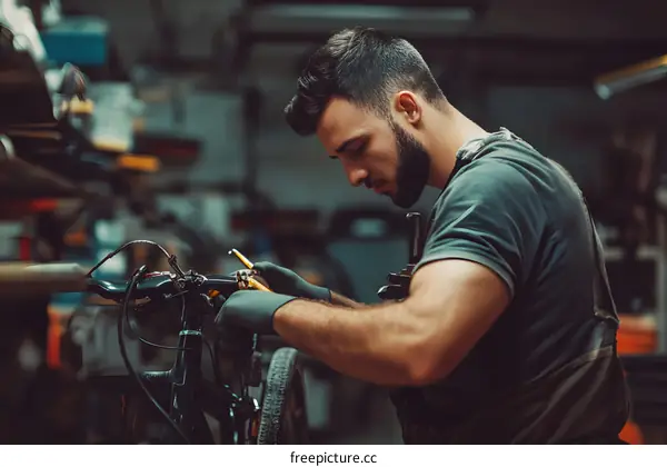 Man Fixing Bike in Workshop