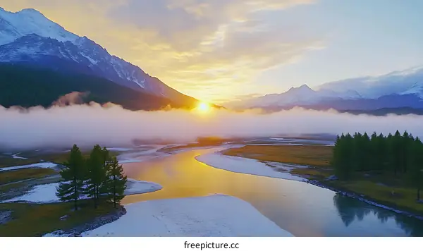 Sunrise over a Mountain River Valley