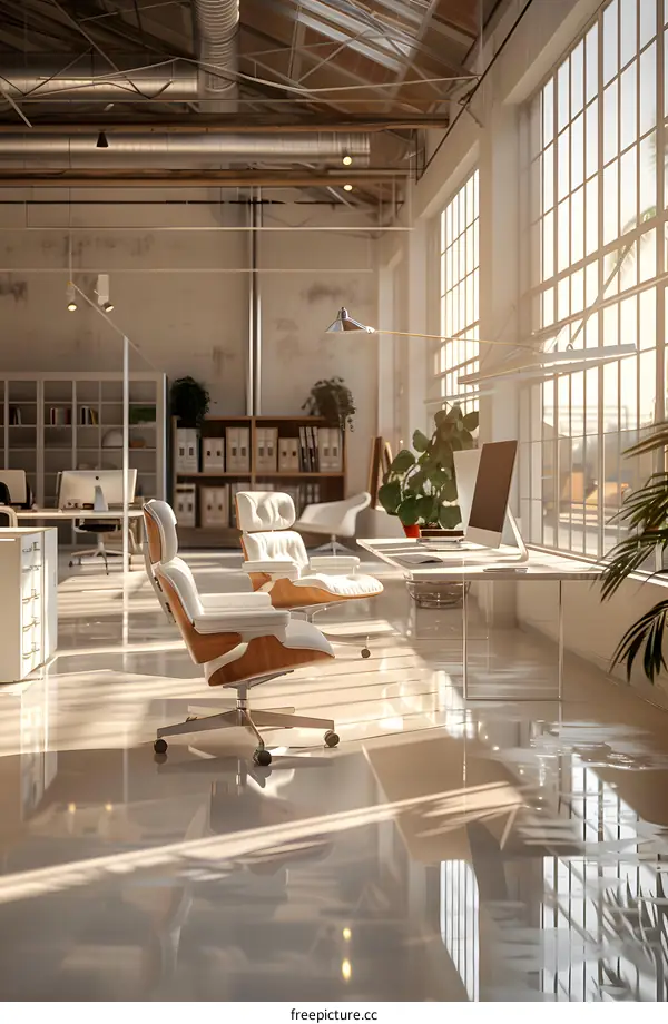 Modern office interior with large windows and white furniture