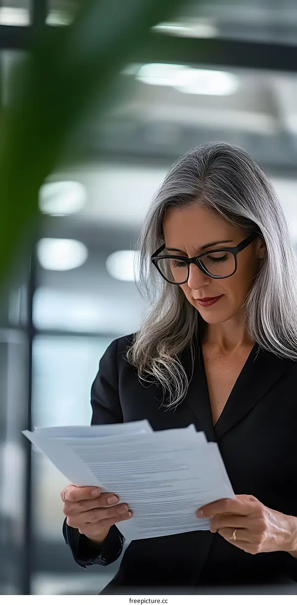 Businesswoman Reviewing Documents in Office Setting