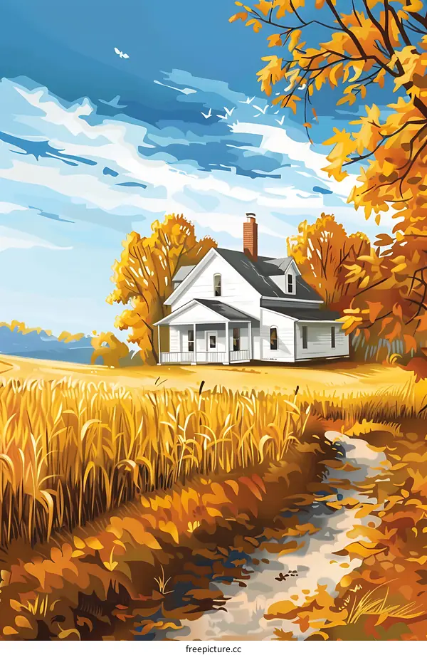 Autumn Landscape with a White House and Yellow Leaves