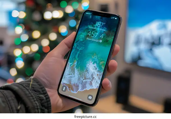 Hand Holding iPhone with Ocean Wallpaper