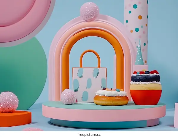 Pastel Rainbow Arch with Gift Bag and Cakes