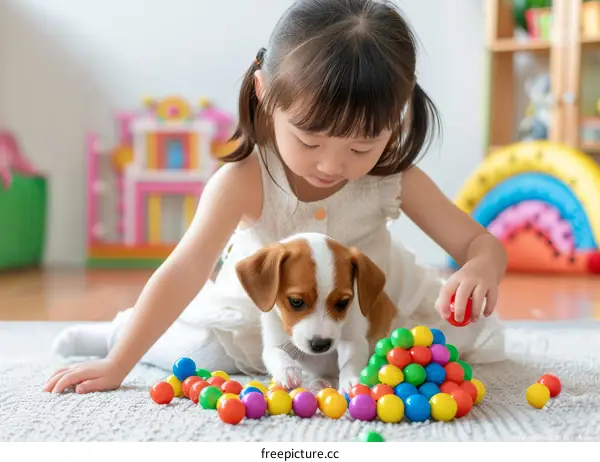 Little girl playing with a puppy