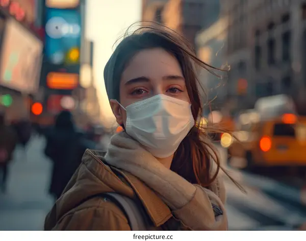 A young woman wearing a mask in Times Square, New York City